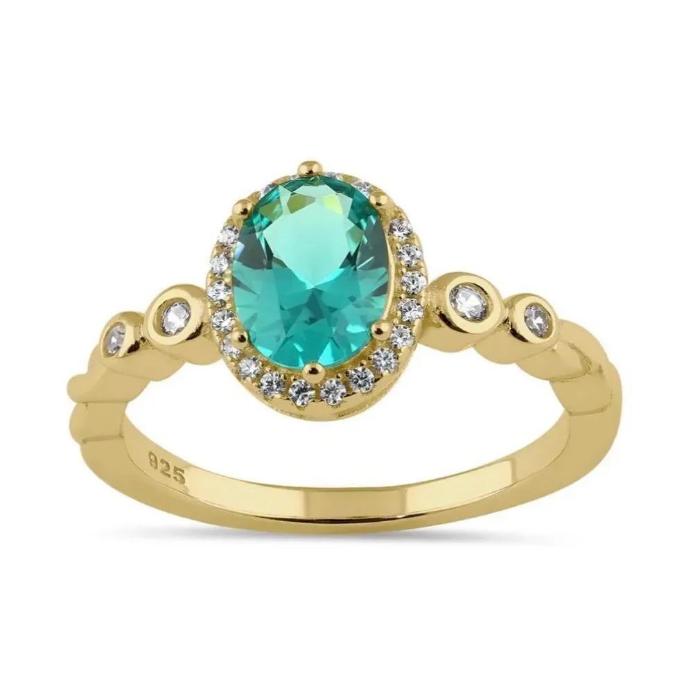 Sterling Elegance: Teal Halo Ring in Gold Vermeil with Side Stone Detailing